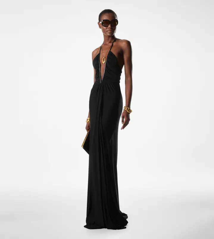 STRETCH JERSEY DEEP V-NECK EVENING DRESS BLACK online
